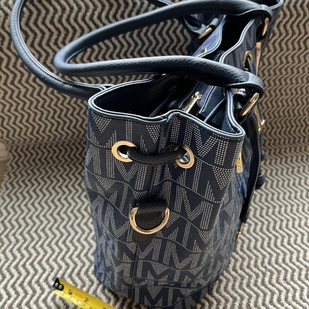Milan Purse Shoulder Bucket Bag Navy Blue Canvas W/ Monogram White Double Handle